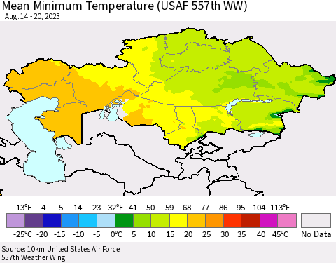 Kazakhstan Mean Minimum Temperature (USAF 557th WW) Thematic Map For 8/14/2023 - 8/20/2023