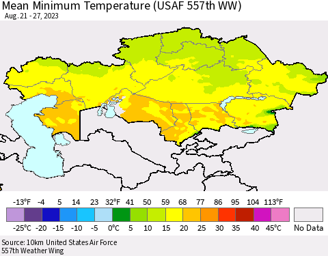 Kazakhstan Mean Minimum Temperature (USAF 557th WW) Thematic Map For 8/21/2023 - 8/27/2023