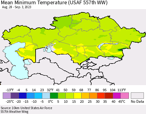 Kazakhstan Mean Minimum Temperature (USAF 557th WW) Thematic Map For 8/28/2023 - 9/3/2023