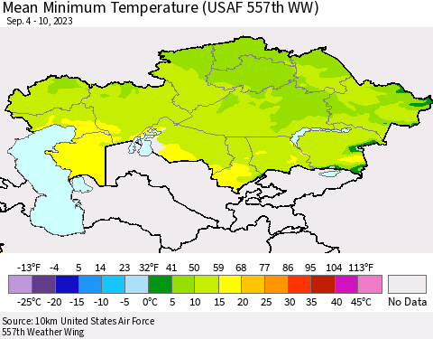 Kazakhstan Mean Minimum Temperature (USAF 557th WW) Thematic Map For 9/4/2023 - 9/10/2023
