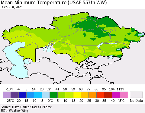 Kazakhstan Mean Minimum Temperature (USAF 557th WW) Thematic Map For 10/2/2023 - 10/8/2023