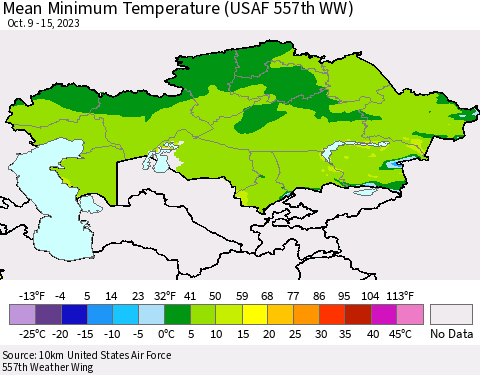 Kazakhstan Mean Minimum Temperature (USAF 557th WW) Thematic Map For 10/9/2023 - 10/15/2023
