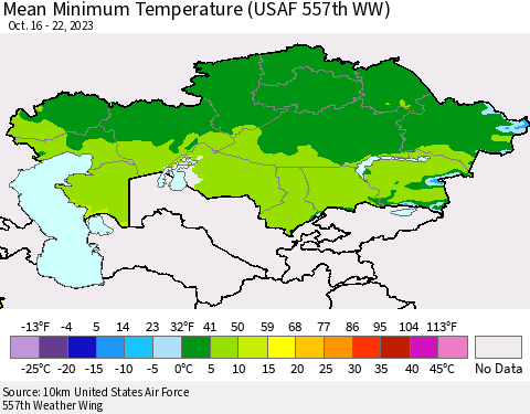 Kazakhstan Mean Minimum Temperature (USAF 557th WW) Thematic Map For 10/16/2023 - 10/22/2023