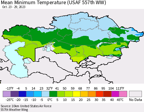 Kazakhstan Mean Minimum Temperature (USAF 557th WW) Thematic Map For 10/23/2023 - 10/29/2023