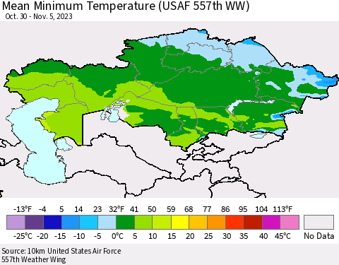 Kazakhstan Mean Minimum Temperature (USAF 557th WW) Thematic Map For 10/30/2023 - 11/5/2023