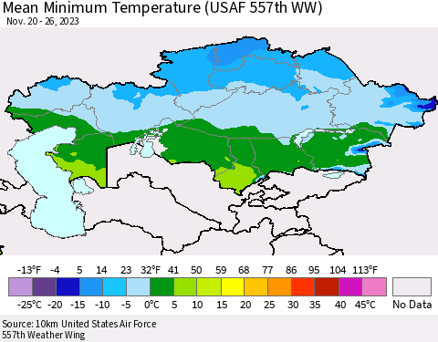 Kazakhstan Mean Minimum Temperature (USAF 557th WW) Thematic Map For 11/20/2023 - 11/26/2023