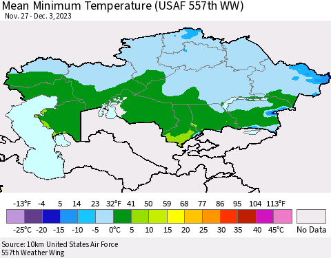 Kazakhstan Mean Minimum Temperature (USAF 557th WW) Thematic Map For 11/27/2023 - 12/3/2023