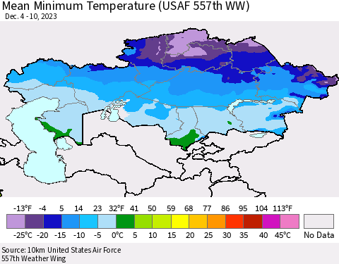Kazakhstan Mean Minimum Temperature (USAF 557th WW) Thematic Map For 12/4/2023 - 12/10/2023