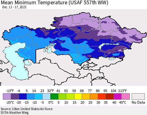 Kazakhstan Mean Minimum Temperature (USAF 557th WW) Thematic Map For 12/11/2023 - 12/17/2023