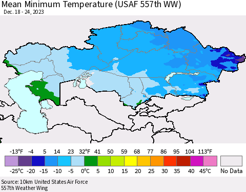 Kazakhstan Mean Minimum Temperature (USAF 557th WW) Thematic Map For 12/18/2023 - 12/24/2023
