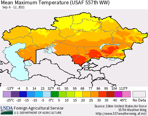 Kazakhstan Mean Maximum Temperature (USAF 557th WW) Thematic Map For 9/6/2021 - 9/12/2021