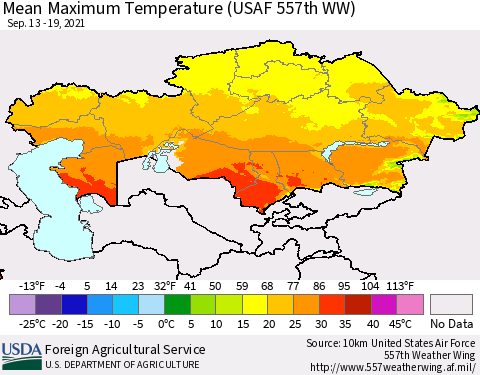 Kazakhstan Mean Maximum Temperature (USAF 557th WW) Thematic Map For 9/13/2021 - 9/19/2021