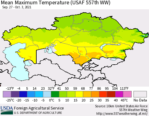 Kazakhstan Mean Maximum Temperature (USAF 557th WW) Thematic Map For 9/27/2021 - 10/3/2021