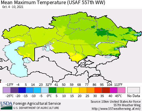 Kazakhstan Mean Maximum Temperature (USAF 557th WW) Thematic Map For 10/4/2021 - 10/10/2021