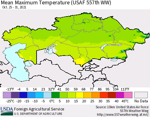 Kazakhstan Mean Maximum Temperature (USAF 557th WW) Thematic Map For 10/25/2021 - 10/31/2021