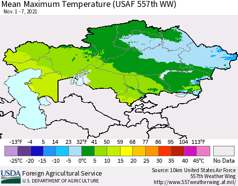 Kazakhstan Mean Maximum Temperature (USAF 557th WW) Thematic Map For 11/1/2021 - 11/7/2021