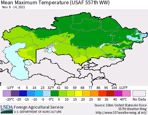 Kazakhstan Mean Maximum Temperature (USAF 557th WW) Thematic Map For 11/8/2021 - 11/14/2021