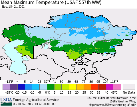 Kazakhstan Mean Maximum Temperature (USAF 557th WW) Thematic Map For 11/15/2021 - 11/21/2021