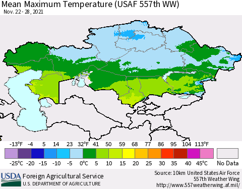 Kazakhstan Mean Maximum Temperature (USAF 557th WW) Thematic Map For 11/22/2021 - 11/28/2021
