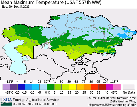 Kazakhstan Mean Maximum Temperature (USAF 557th WW) Thematic Map For 11/29/2021 - 12/5/2021