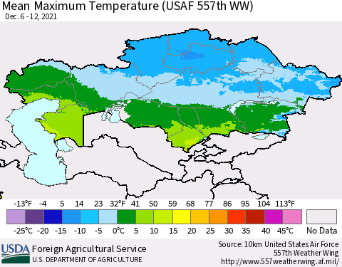 Kazakhstan Mean Maximum Temperature (USAF 557th WW) Thematic Map For 12/6/2021 - 12/12/2021