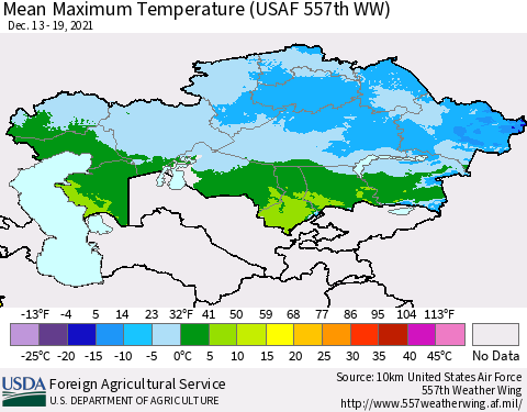 Kazakhstan Mean Maximum Temperature (USAF 557th WW) Thematic Map For 12/13/2021 - 12/19/2021