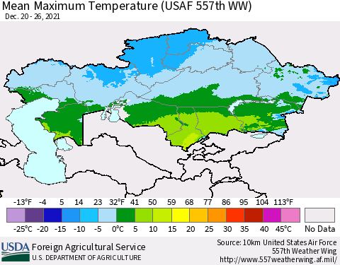 Kazakhstan Mean Maximum Temperature (USAF 557th WW) Thematic Map For 12/20/2021 - 12/26/2021