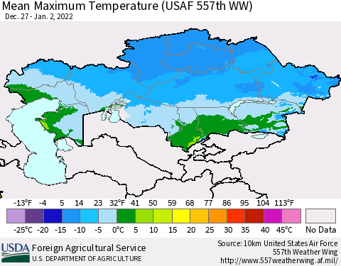Kazakhstan Mean Maximum Temperature (USAF 557th WW) Thematic Map For 12/27/2021 - 1/2/2022