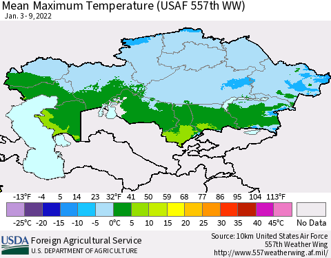 Kazakhstan Mean Maximum Temperature (USAF 557th WW) Thematic Map For 1/3/2022 - 1/9/2022