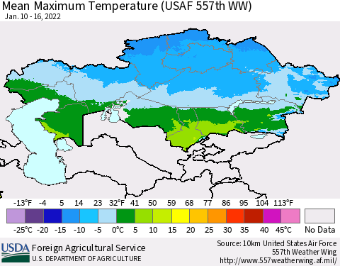 Kazakhstan Mean Maximum Temperature (USAF 557th WW) Thematic Map For 1/10/2022 - 1/16/2022