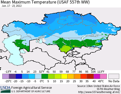 Kazakhstan Mean Maximum Temperature (USAF 557th WW) Thematic Map For 1/17/2022 - 1/23/2022