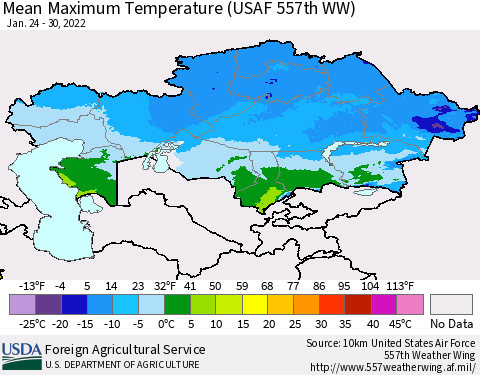 Kazakhstan Mean Maximum Temperature (USAF 557th WW) Thematic Map For 1/24/2022 - 1/30/2022