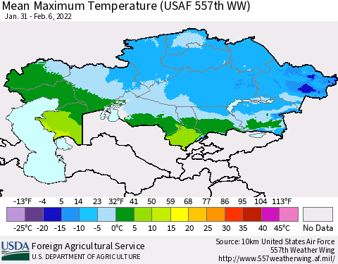 Kazakhstan Mean Maximum Temperature (USAF 557th WW) Thematic Map For 1/31/2022 - 2/6/2022