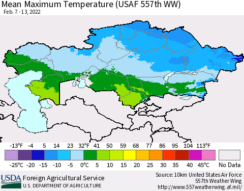 Kazakhstan Mean Maximum Temperature (USAF 557th WW) Thematic Map For 2/7/2022 - 2/13/2022