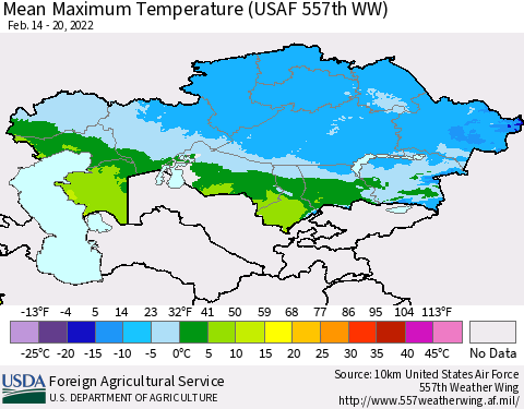 Kazakhstan Mean Maximum Temperature (USAF 557th WW) Thematic Map For 2/14/2022 - 2/20/2022