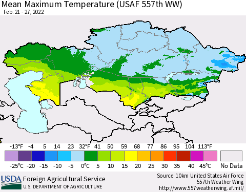 Kazakhstan Mean Maximum Temperature (USAF 557th WW) Thematic Map For 2/21/2022 - 2/27/2022