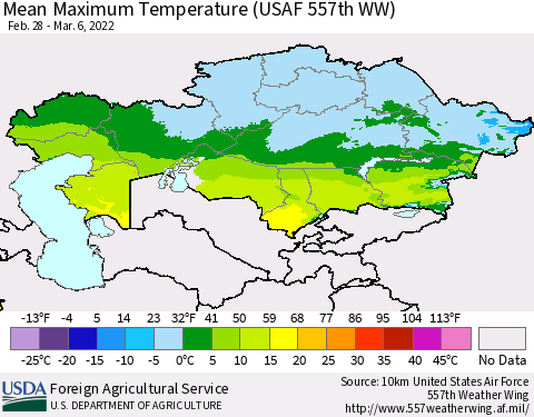 Kazakhstan Mean Maximum Temperature (USAF 557th WW) Thematic Map For 2/28/2022 - 3/6/2022