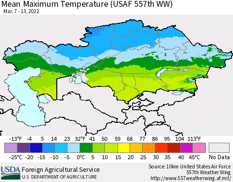 Kazakhstan Mean Maximum Temperature (USAF 557th WW) Thematic Map For 3/7/2022 - 3/13/2022