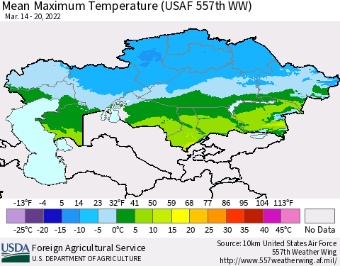 Kazakhstan Mean Maximum Temperature (USAF 557th WW) Thematic Map For 3/14/2022 - 3/20/2022