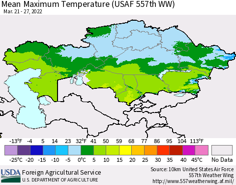 Kazakhstan Mean Maximum Temperature (USAF 557th WW) Thematic Map For 3/21/2022 - 3/27/2022