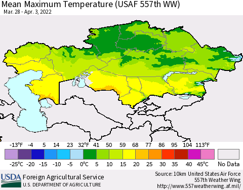 Kazakhstan Mean Maximum Temperature (USAF 557th WW) Thematic Map For 3/28/2022 - 4/3/2022
