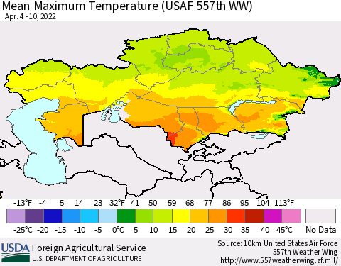 Kazakhstan Mean Maximum Temperature (USAF 557th WW) Thematic Map For 4/4/2022 - 4/10/2022