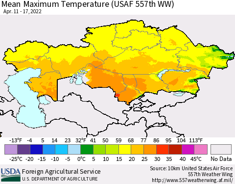 Kazakhstan Mean Maximum Temperature (USAF 557th WW) Thematic Map For 4/11/2022 - 4/17/2022