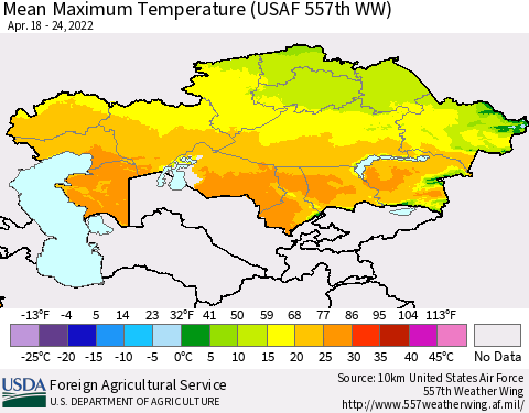Kazakhstan Mean Maximum Temperature (USAF 557th WW) Thematic Map For 4/18/2022 - 4/24/2022