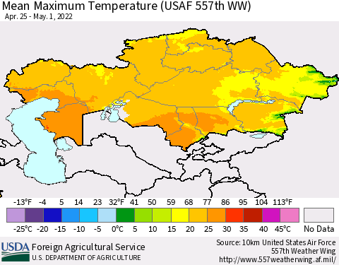 Kazakhstan Mean Maximum Temperature (USAF 557th WW) Thematic Map For 4/25/2022 - 5/1/2022