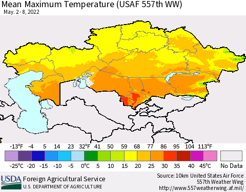 Kazakhstan Mean Maximum Temperature (USAF 557th WW) Thematic Map For 5/2/2022 - 5/8/2022