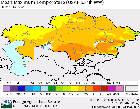 Kazakhstan Mean Maximum Temperature (USAF 557th WW) Thematic Map For 5/9/2022 - 5/15/2022