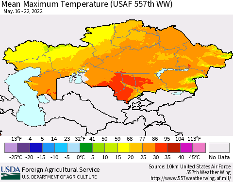 Kazakhstan Mean Maximum Temperature (USAF 557th WW) Thematic Map For 5/16/2022 - 5/22/2022