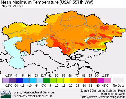 Kazakhstan Mean Maximum Temperature (USAF 557th WW) Thematic Map For 5/23/2022 - 5/29/2022