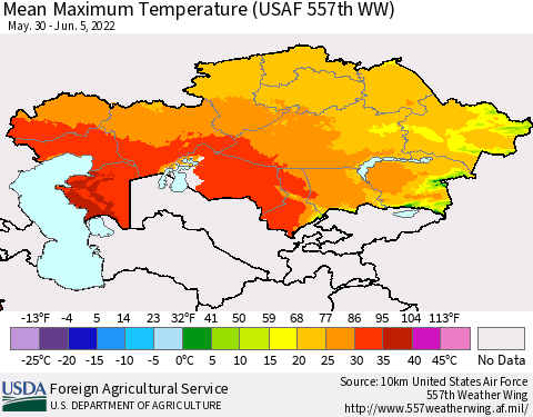 Kazakhstan Mean Maximum Temperature (USAF 557th WW) Thematic Map For 5/30/2022 - 6/5/2022
